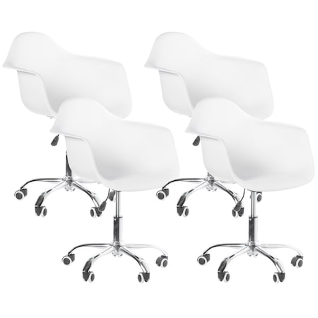 Fabulaxe Mid-Century Modern Style Adjustable Swivel Plastic Shell Molded Office Task Chair w/ Rolling Wheels, White, PK4 QI003751.WT.4